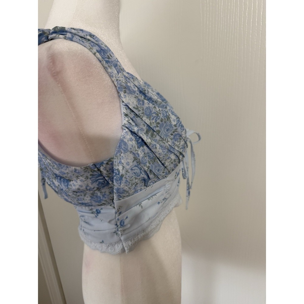 Women's Sleeveless Blue Floral Lace Cottagecore Milkmaid Crop Top Large - Picture 6 of 6